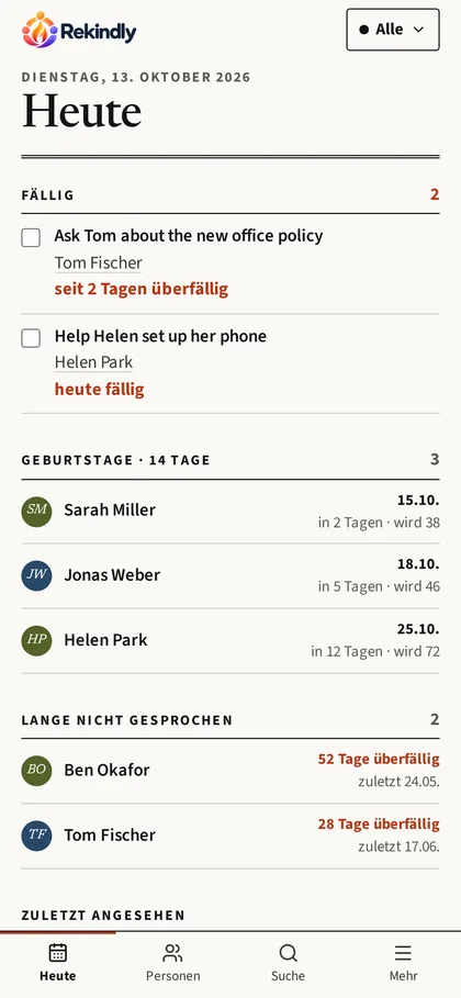 Die Seite „Heute“ auf dem Handy.