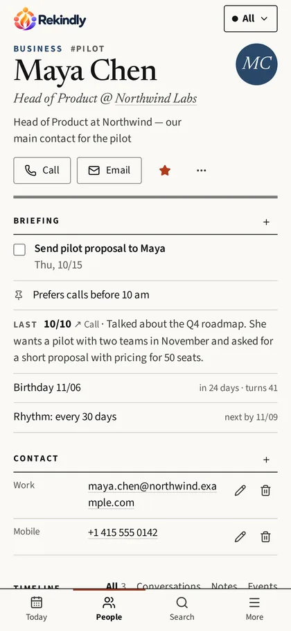 The person page on a phone in dark mode, with the briefing visible without scrolling.