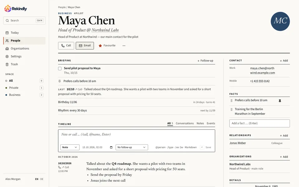 The person page of Maya Chen in Rekindly, with the briefing at the top, contact details, facts and the timeline of conversations.