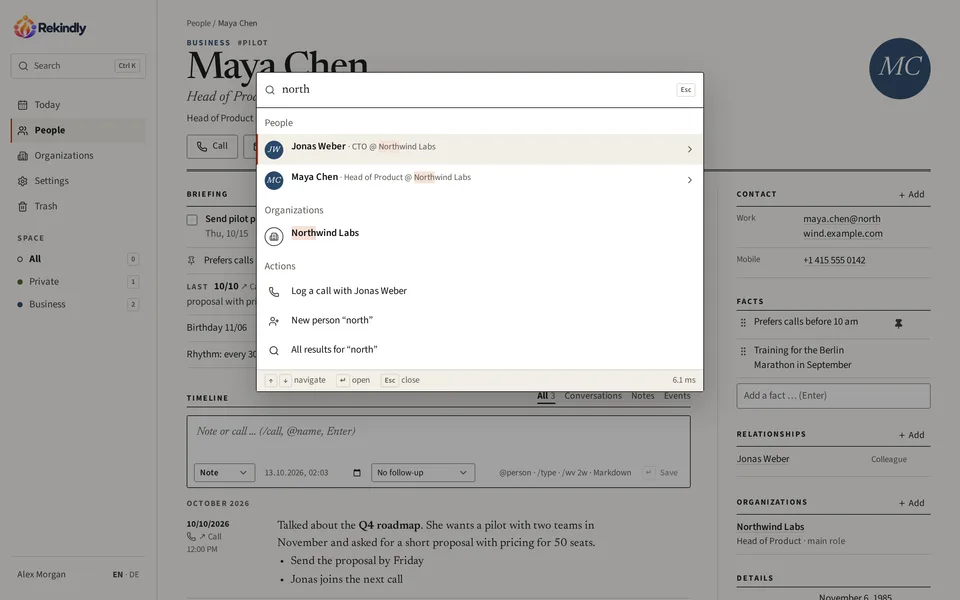 The command palette with search results for “north”: two people and an organization, with the matches highlighted.